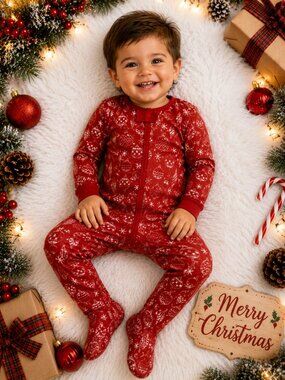 NWT Macy's Family PJs Christmas Footed Sleeper 24M Red Ornament Print